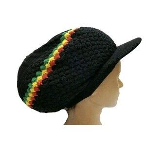 Black Rasta Hat Dreadlocks Tam Crown Dreads Slouchy Natty Cap Locks M/L Ras Locs